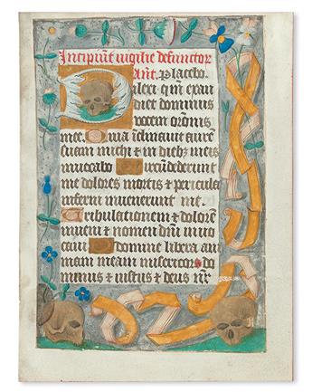 MANUSCRIPT LEAF.  Vellum leaf from a Latin Book of Hours with 4-line illuminated initial D depicting skull.  15th century